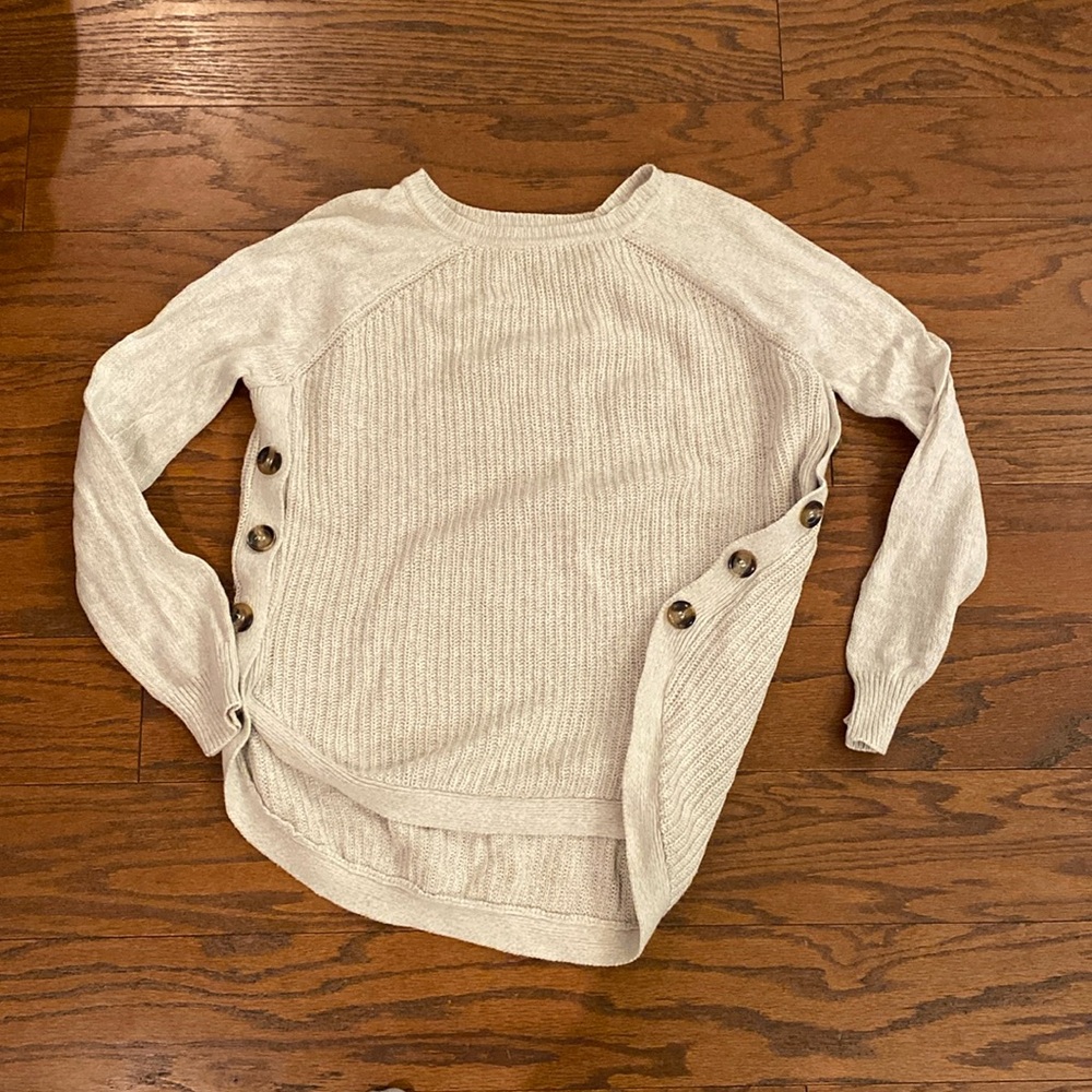 RD Style Cream Crewneck Sweater with Side Button Detail